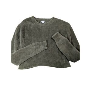 American Eagle Green Fuzzy Sherpa Crop Sweater Size Medium Faux Fur Y2K